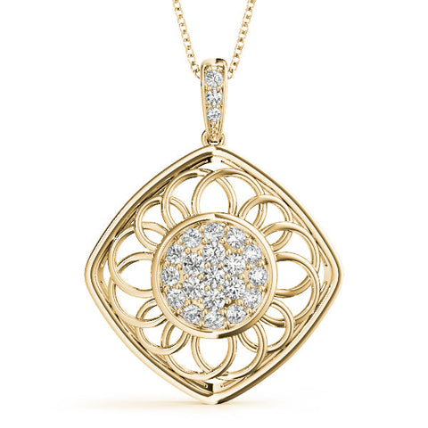 Yellow gold Round Cluster Diamond Prong Set Pendant
