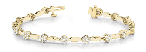 Yellow gold Round Cluster Diamond Tennis Bracelet with Marquise Links and Four-Prong Setting