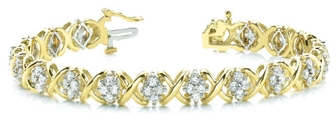 Yellow gold Round Cluster Diamond Tennis Bracelet with X-Link Band and Four-Prong Setting