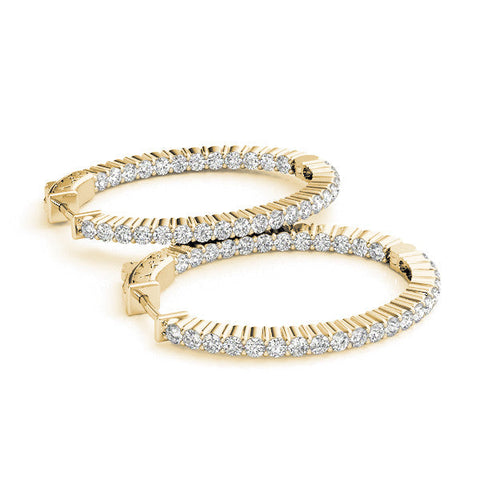 Yellow gold Round Cut Diamond Hoop Earrings with Channel Setting and Four-Prong Setting