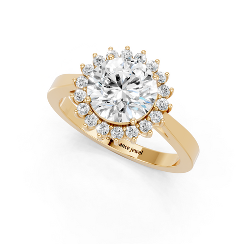 Yellow gold Round Cut Diamond Pavé Band Solitaire Ring with Four-Prong Setting