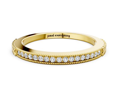 Yellow gold Round Cut Diamond Pavé Set Milgrain Edge Eternity Band
