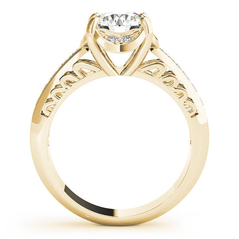 Yellow gold Round Cut Halo Diamond Ring with Channel Set Band and Four-Prong Setting
