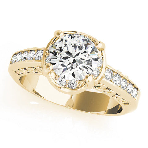 Yellow gold Round Cut Halo Diamond Ring with Channel Set Band and Four-Prong Setting