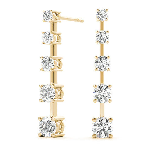 Yellow gold Round Cut Prong Set Diamond Drop Earrings