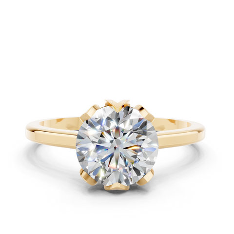 Yellow gold Round Cut Solitaire Diamond Ring with Flower-Prong Setting and Classic Band