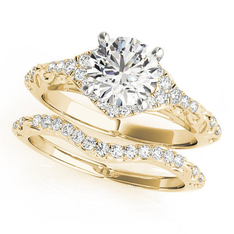 Yellow gold Round Cut Solitaire Diamond Ring with Pave Band and Four-Prong Setting