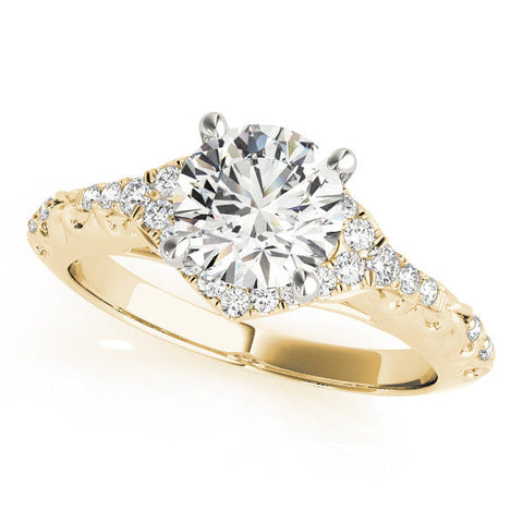 Yellow gold Round Cut Solitaire Diamond Ring with Pave Band and Four-Prong Setting