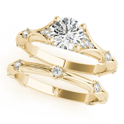 Yellow gold Round Cut Solitaire Engagement Ring with Pave Band and Four-Prong Setting