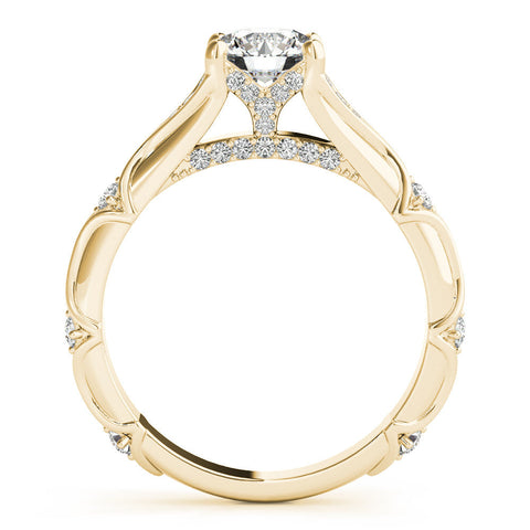 Yellow gold Round Cut Solitaire Engagement Ring with Pave Band and Four-Prong Setting