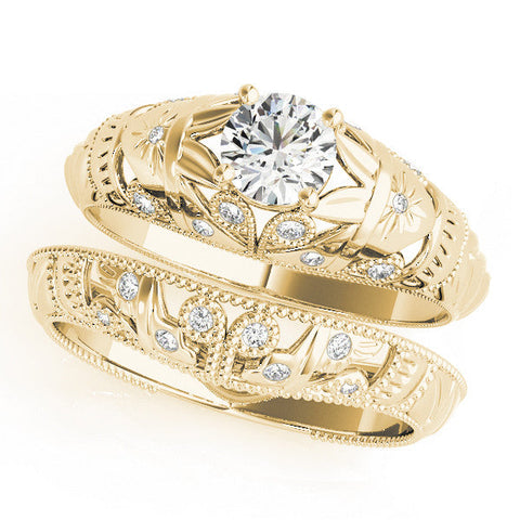 Yellow gold Round Cut Solitaire Floral Filigree Engagement Ring with Bezel Prong Setting