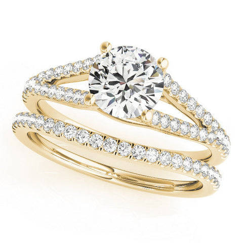 Yellow gold Round Cut Split Shank Pave Diamond Engagement Ring with Four-Prong Setting
