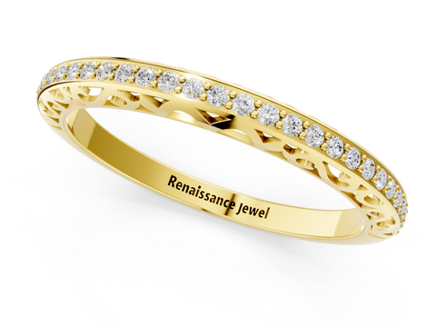 Yellow gold Round Diamond Channel Set Eternity Band with Filigree Detailing
