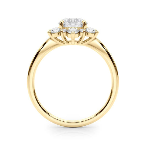 Yellow gold Round Diamond Cluster Halo Ring with Solitaire Band and Four-Prong Setting