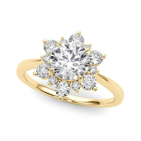 Yellow gold Round Diamond Cluster Halo Ring with Solitaire Band and Four-Prong Setting