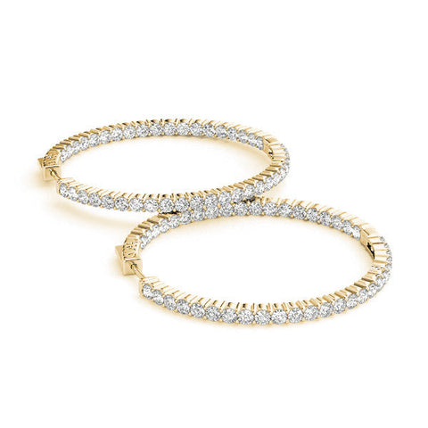 Yellow gold Round Diamond Eternity Hoop Earrings with Pavé Setting and Shared Prong