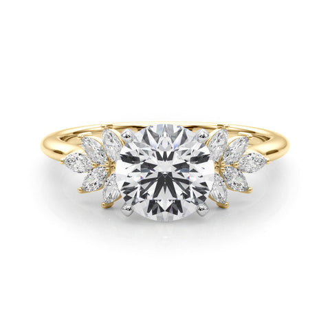 Yellow gold Round Diamond Floral Side Stone Solitaire with Marquise Accents and Four-Prong Setting