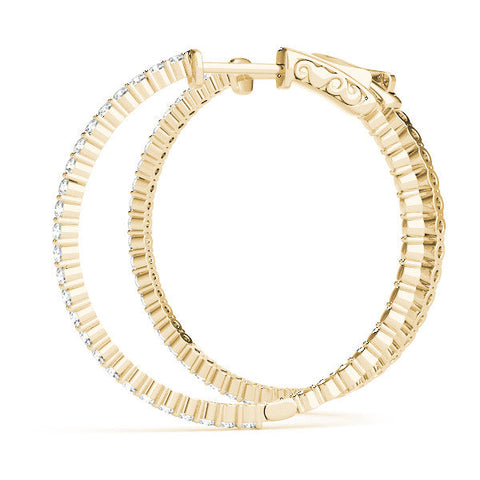 Yellow gold Round Diamond Hoop Earrings with Pave Setting and Shared Prong