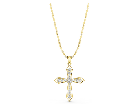 Yellow gold Round Diamond Milgrain Cross Pendant with Bezel Setting