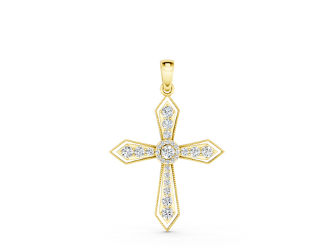 Yellow gold Round Diamond Milgrain Cross Pendant with Bezel Setting