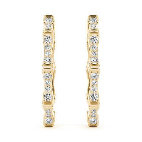 Yellow gold Round Diamond Pavé Bamboo Hoop Earrings with Four-Prong Setting