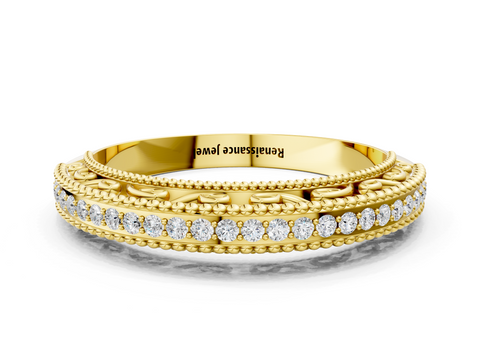 Yellow gold Round Diamond Pavé Milgrain White Gold Eternity Band