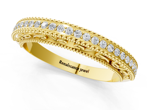 Yellow gold Round Diamond Pavé Milgrain White Gold Eternity Band