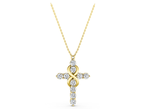 Yellow gold Round Diamond Prong Set Infinity Cross Pendant