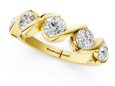 Yellow gold Round Diamond Wave Band with Channel Setting and Shared Prongs
