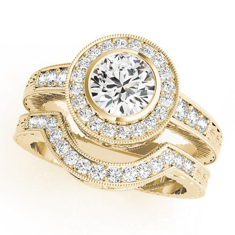 Yellow gold Round Halo Bezel Set Diamond Ring with Pavé Band