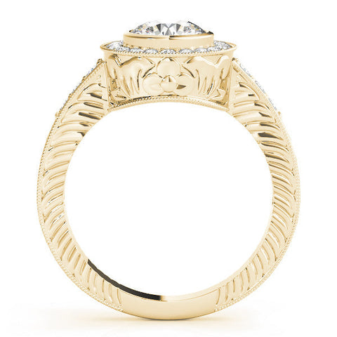 Yellow gold Round Halo Bezel Set Diamond Ring with Pavé Band