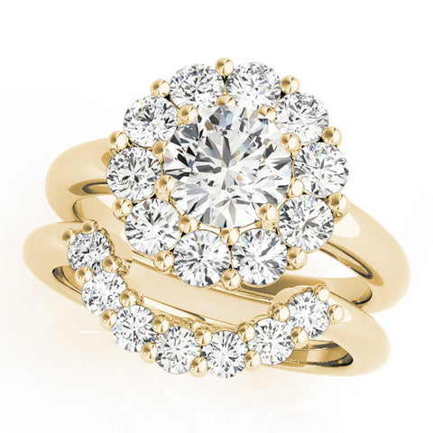 Yellow gold Round Halo Cluster Diamond Engagement Ring with Prong Setting and Polished Band