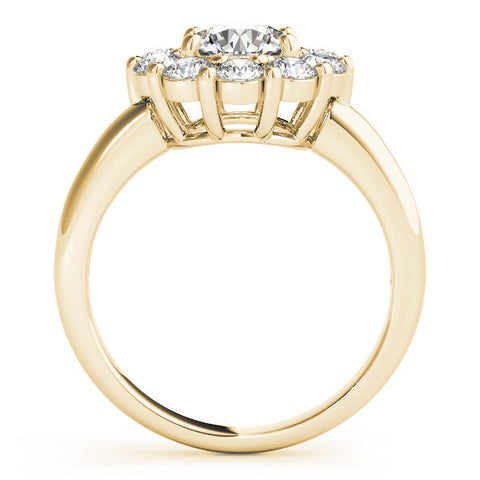Yellow gold Round Halo Cluster Diamond Engagement Ring with Prong Setting and Polished Band