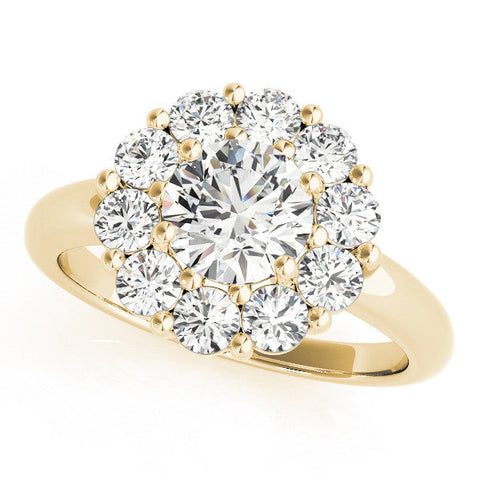 Yellow gold Round Halo Cluster Diamond Engagement Ring with Prong Setting and Polished Band