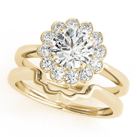 Yellow gold Round Halo Cluster Diamond Engagement Ring with Solitaire Band and Prong Setting