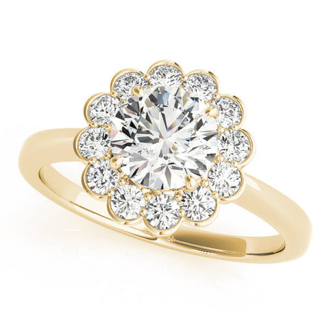 Yellow gold Round Halo Cluster Diamond Engagement Ring with Solitaire Band and Prong Setting