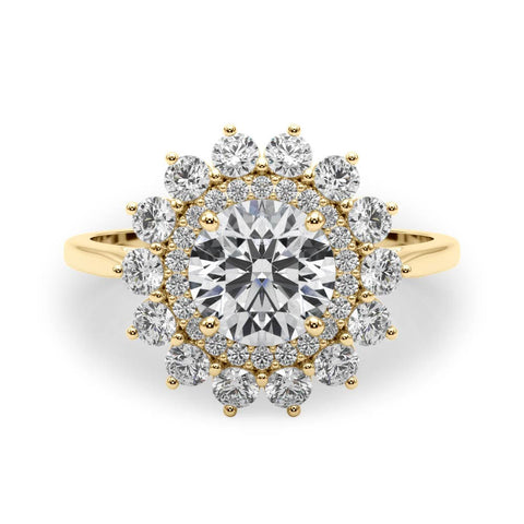 Yellow gold Round Halo Cluster Diamond Ring with Pave Band and Four-Prong Setting