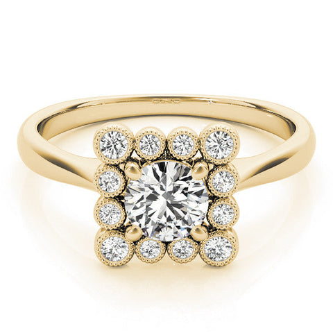 Yellow gold Round Halo Diamond Cluster Engagement Ring with Milgrain Bezel Setting and Solitaire Band