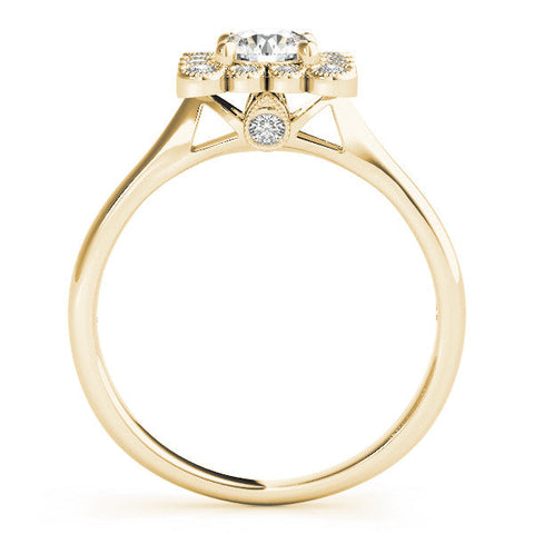 Yellow gold Round Halo Diamond Cluster Engagement Ring with Milgrain Bezel Setting and Solitaire Band