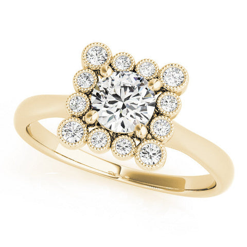 Yellow gold Round Halo Diamond Cluster Engagement Ring with Milgrain Bezel Setting and Solitaire Band