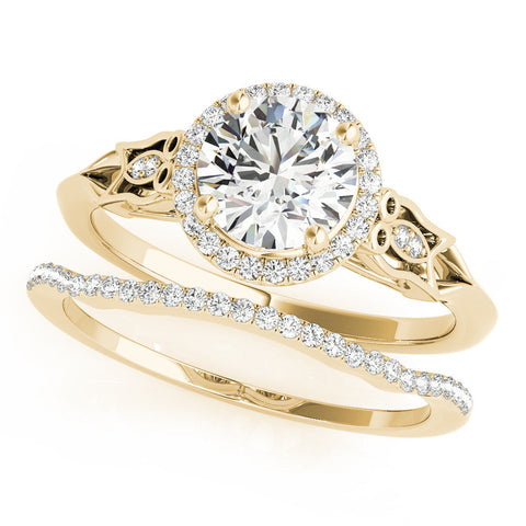 Yellow gold Round Halo Diamond Engagement Ring with Filigree Band and Four-Prong Setting