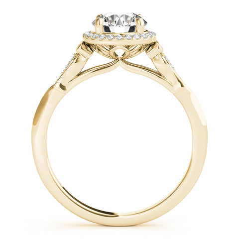Yellow gold Round Halo Diamond Engagement Ring with Filigree Band and Four-Prong Setting