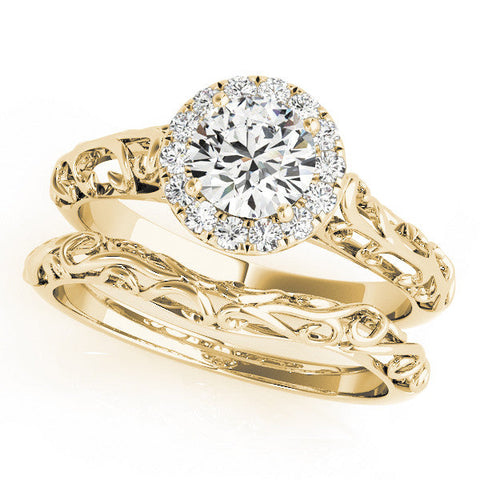 Yellow gold Round Halo Diamond Engagement Ring with Intricate Filigree Band and Four-Prong Setting