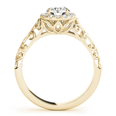 Yellow gold Round Halo Diamond Engagement Ring with Intricate Filigree Band and Four-Prong Setting