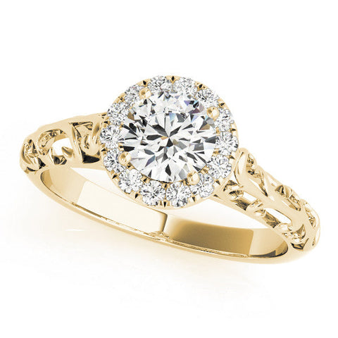 Yellow gold Round Halo Diamond Engagement Ring with Intricate Filigree Band and Four-Prong Setting