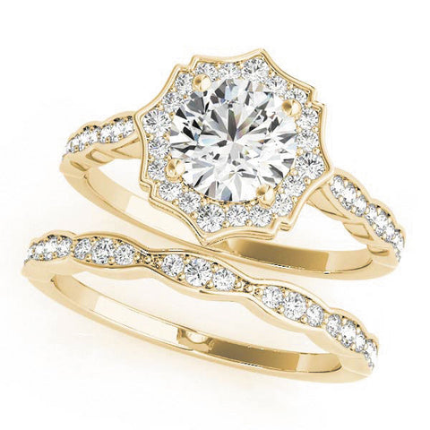 Yellow gold Round Halo Diamond Engagement Ring with Milgrain Band and Four-Prong Setting