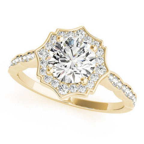 Yellow gold Round Halo Diamond Engagement Ring with Milgrain Band and Four-Prong Setting