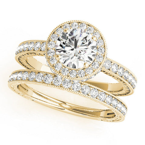 Yellow gold Round Halo Diamond Engagement Ring with Milgrain Pave Band and Four-Prong Setting