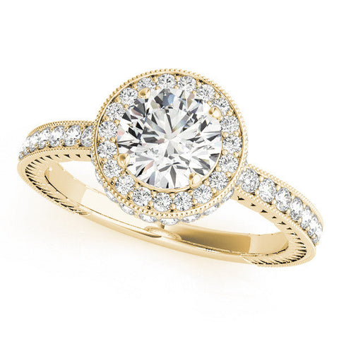 Yellow gold Round Halo Diamond Engagement Ring with Milgrain Pave Band and Four-Prong Setting