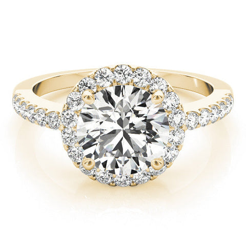 Yellow gold Round Halo Diamond Engagement Ring with Pavé Band and Four-Prong Setting